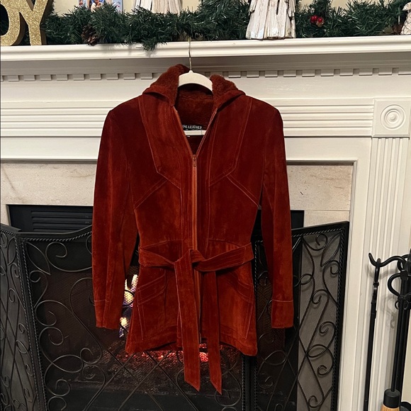 Jackets & Blazers - Vintage Burnt Orange Suede Leather Hooded Belted Coat, Fits XXS, Made in Uruguay